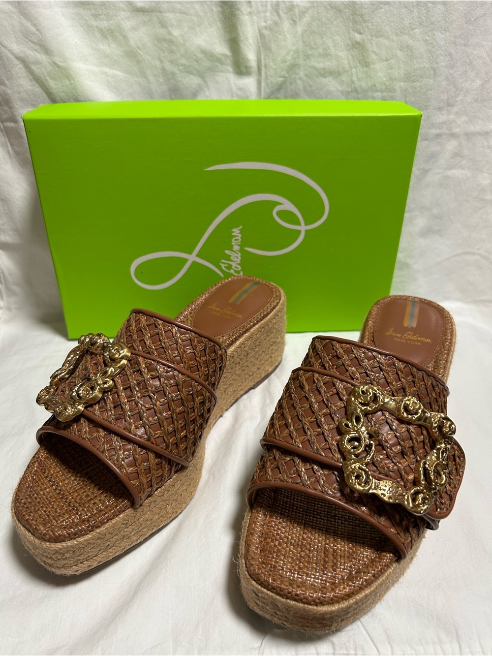 Sam Edelman Celia Raffia Brown Wedge Slide with Gold Buckle